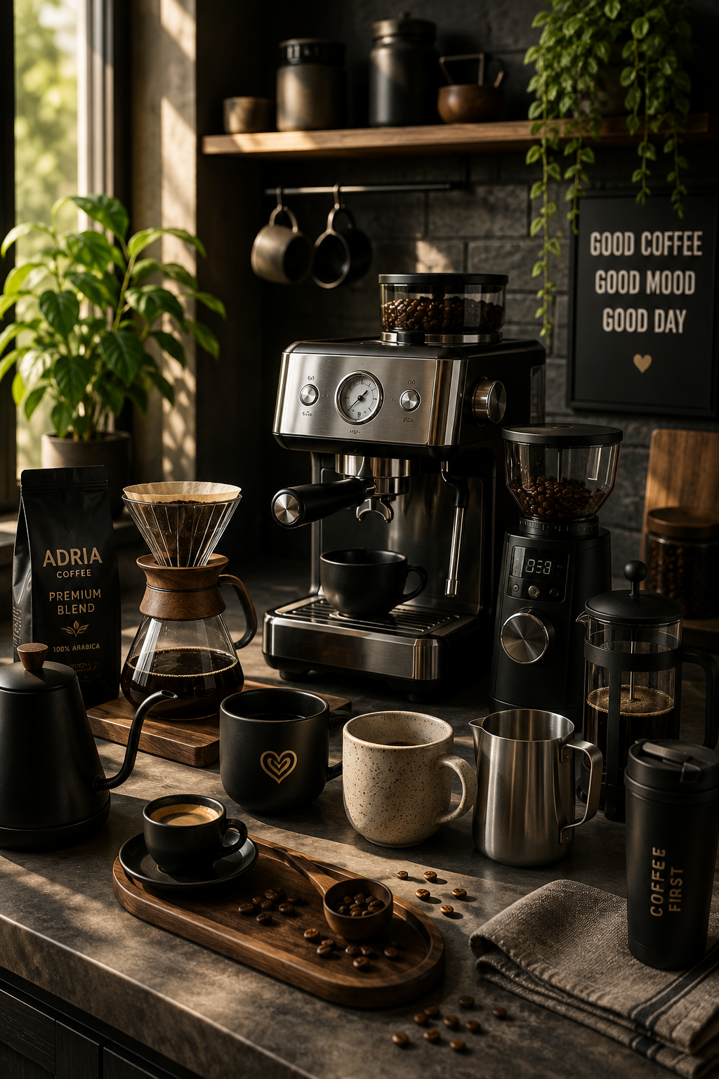 Premium coffee and lifestyle essentials including espresso cups, coffee beans, brewing accessories, mugs, coffee makers and stylish home café décor in a cozy modern setting.