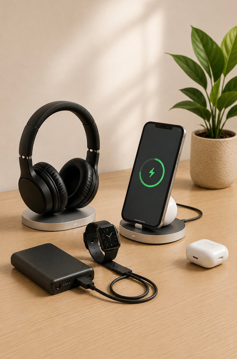 Modern electronics and accessories including laptop, smartphone, wireless headphones, smartwatch, tablet, keyboard, charging accessories and smart gadgets on a clean workspace.