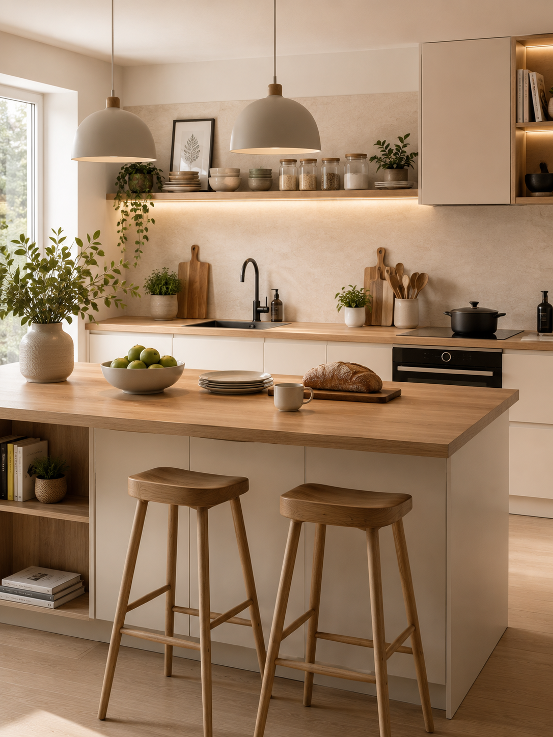 Modern kitchen essentials including cookware, kitchen utensils, dinnerware, food storage containers, small appliances and cooking accessories in a stylish contemporary kitchen.