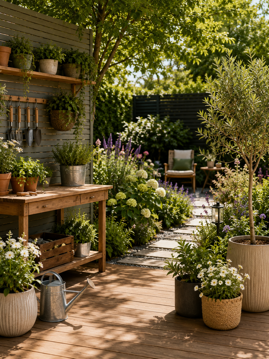 Beautiful garden with outdoor furniture, gardening tools, plants, planters, watering equipment and decorative accessories in a lush green setting.