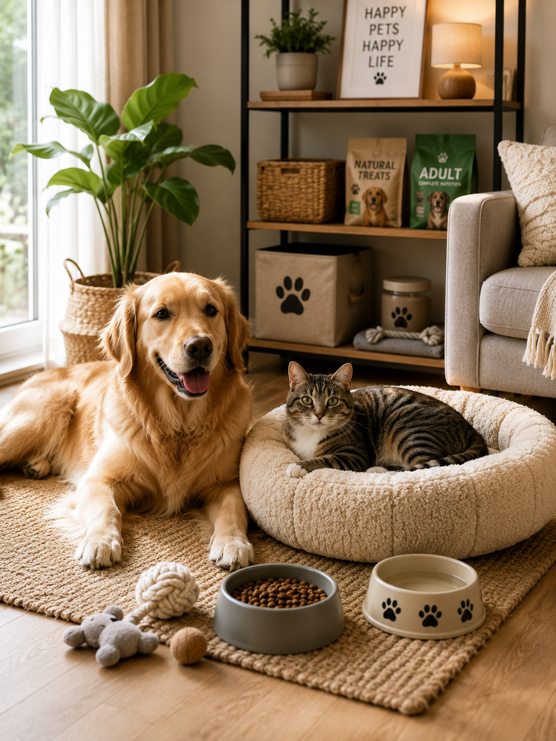 Happy dog and cat relaxing in a cozy home surrounded by pet essentials, including pet bed, food bowls, treats, toys and storage accessories.