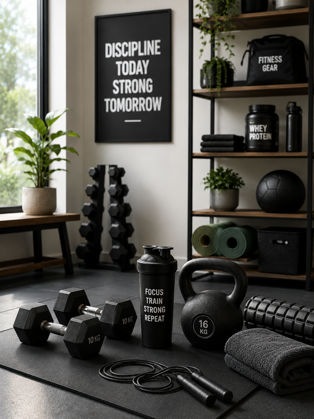 Modern fitness equipment and workout accessories including dumbbells, yoga mat, resistance bands, water bottle, sportswear and gym essentials in a bright training environment.