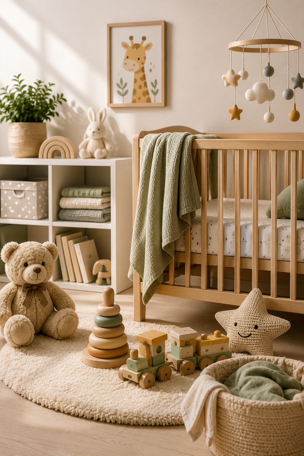 Happy family with smiling children surrounded by baby and kids essentials, including toys, stroller, baby clothing, educational games and nursery accessories.