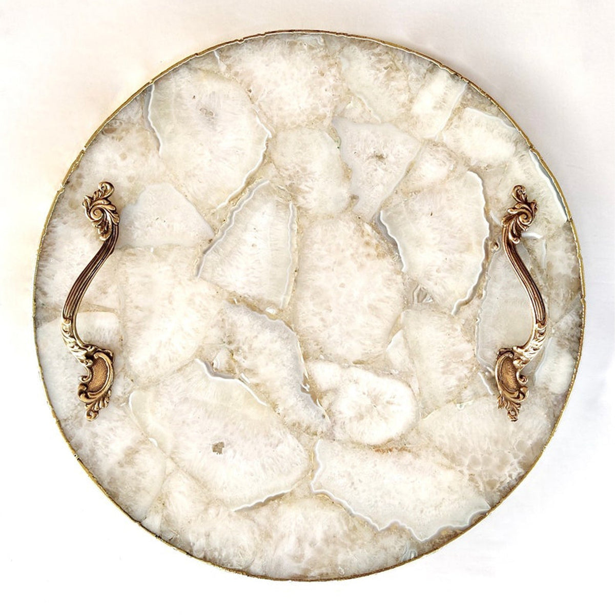 White Agate Serving Tray With Brass Handles | Circular |