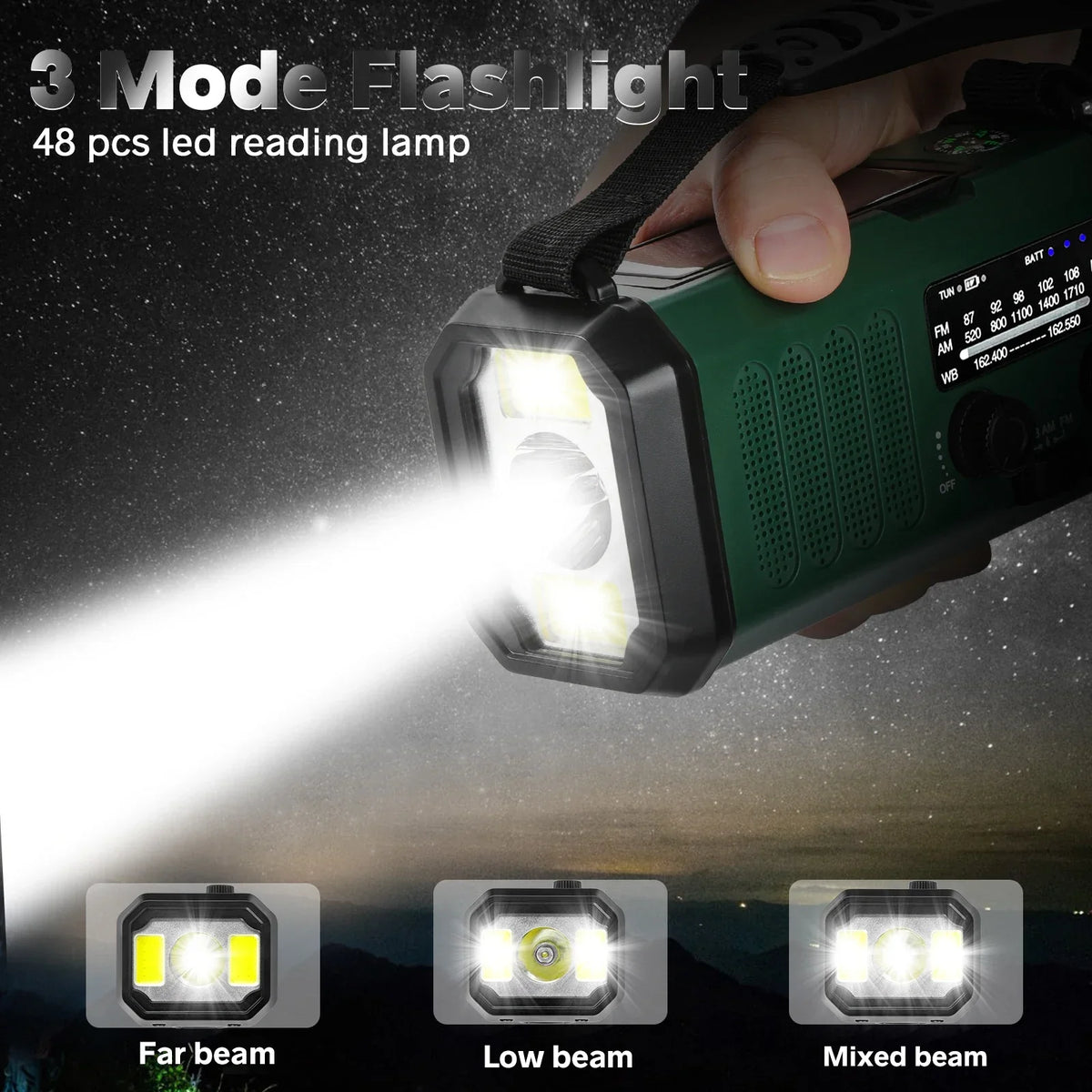 10000mAh Solar Hand Crank Emergency Radio Green