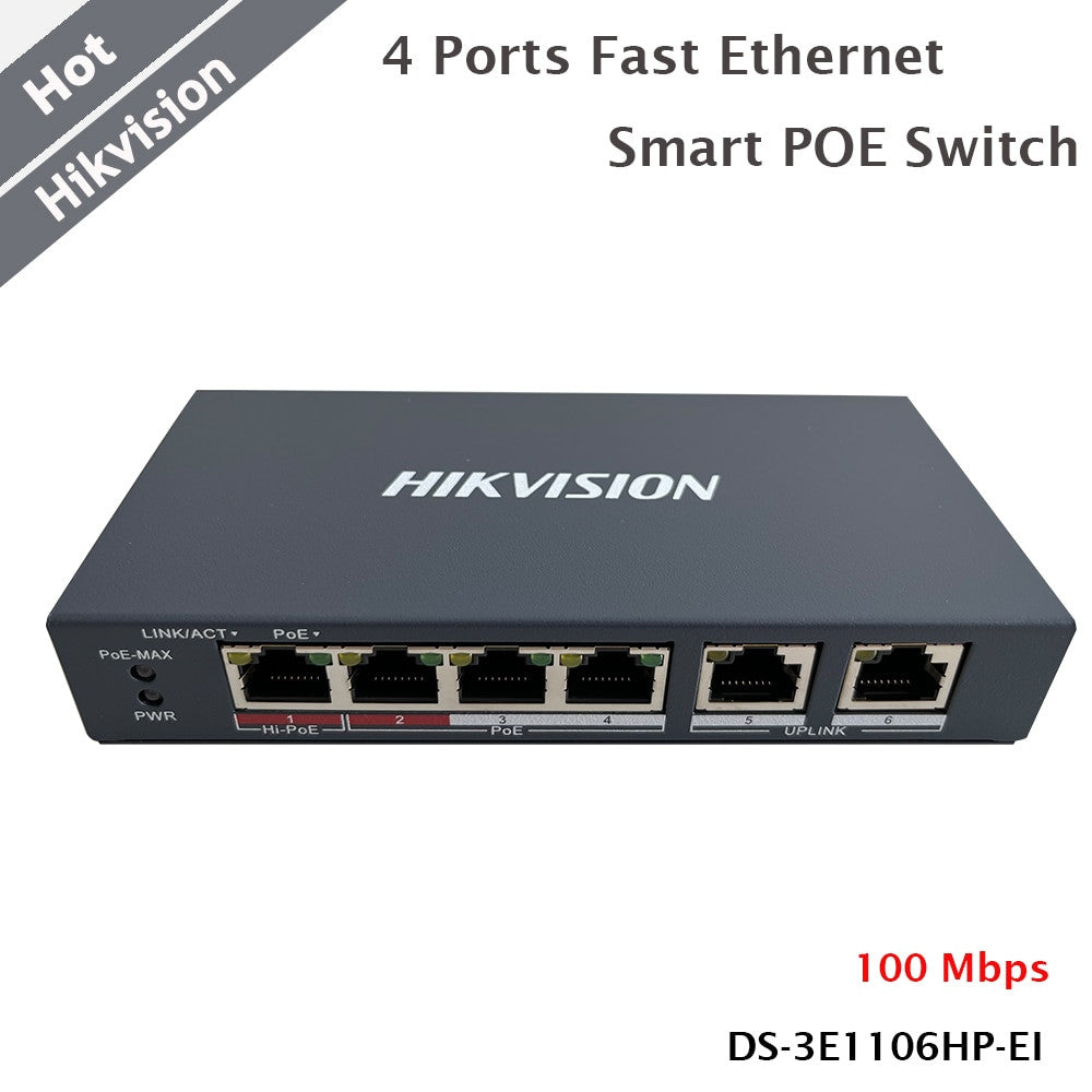 Hikvision 4 Ports Fast Ethernet Smart POE Switch 100 Mbps Network and PoE RJ45