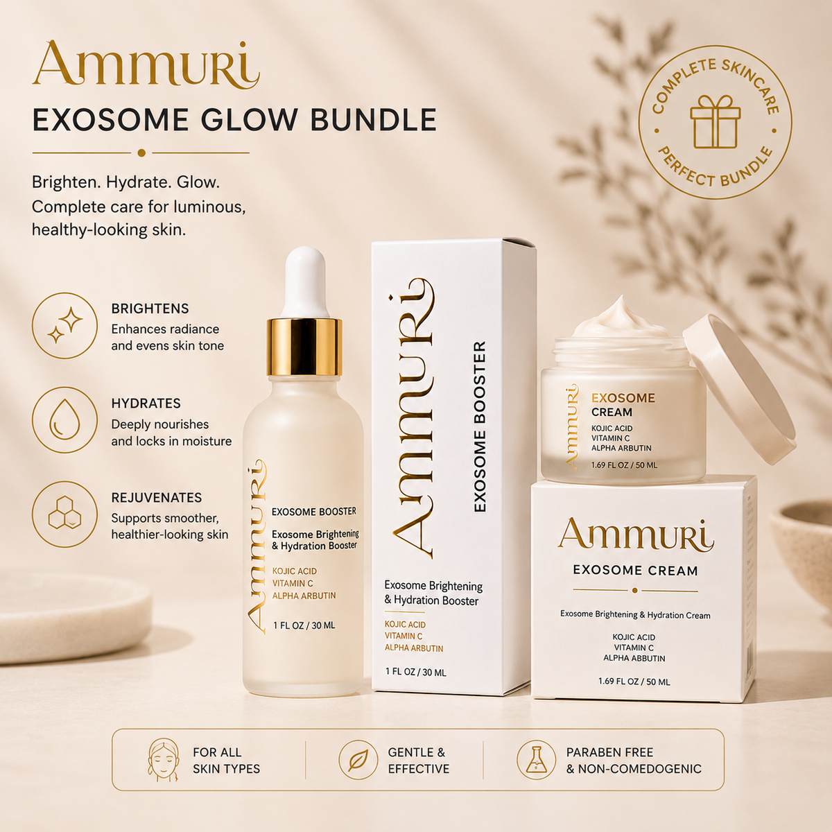 Complete Exosome Brightening Routine | Serum & Cream Duo for Dark Spots & Even Skin Tone | Ammuri Beauty